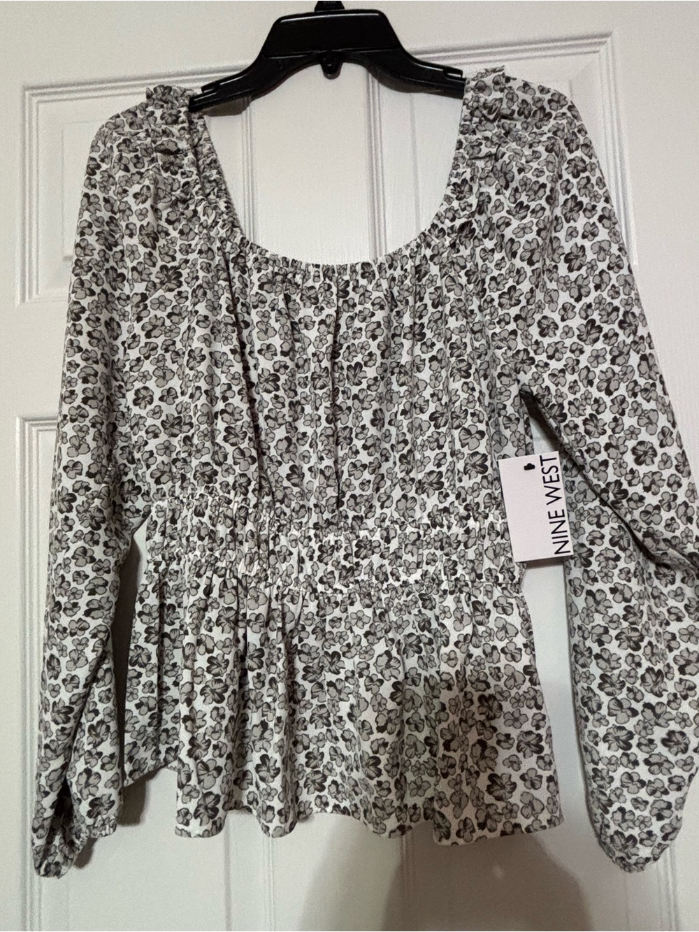 Nine West Black & White Floral Smocked Peplum Blouse